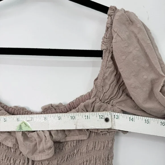 Smocked Swiss Dot Taupe Midi Dress Women M Boho Indie Festival Cottagecore - Picture 7 of 9